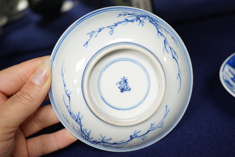Two Chinese blue and white tea bowls and saucers, saucer 11.5cm diameter.